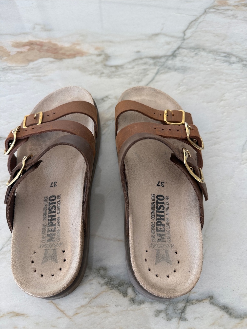 Mephisto Women’s Brown Triple-Strap Sandals with Gold Buckles - Picture 2 of 13